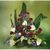 Arrangement of Red Roses and White Anthurium