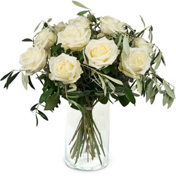 12 White Roses with greenery (Vase not included)