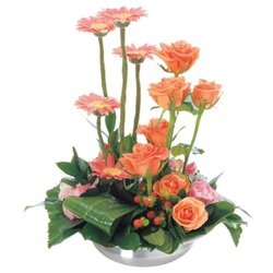 Arrangement of Cut Flowers in Ceramic Container