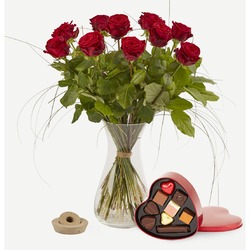 Red roses with chocolate filled metal heart (Vase not included)