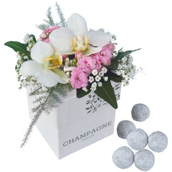 Decorated champagne truffles, white-pink flowers