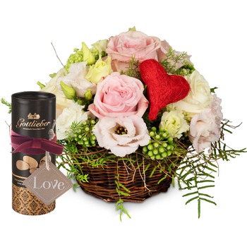 A Basket Filled with Love with Gottlieber cocoa almonds and hanging gift tag "Love"