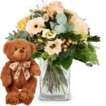 Delicate Seasonal Bouquet with teddy bear (brown)