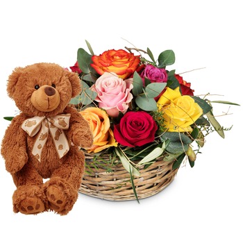 A Basket Full of Roses with teddy bear (brown)